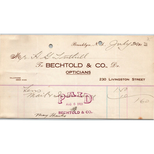 Brooklyn, NY 1913 Letterhead / Billhead - Bechtold & Co Opticians Livingston St.