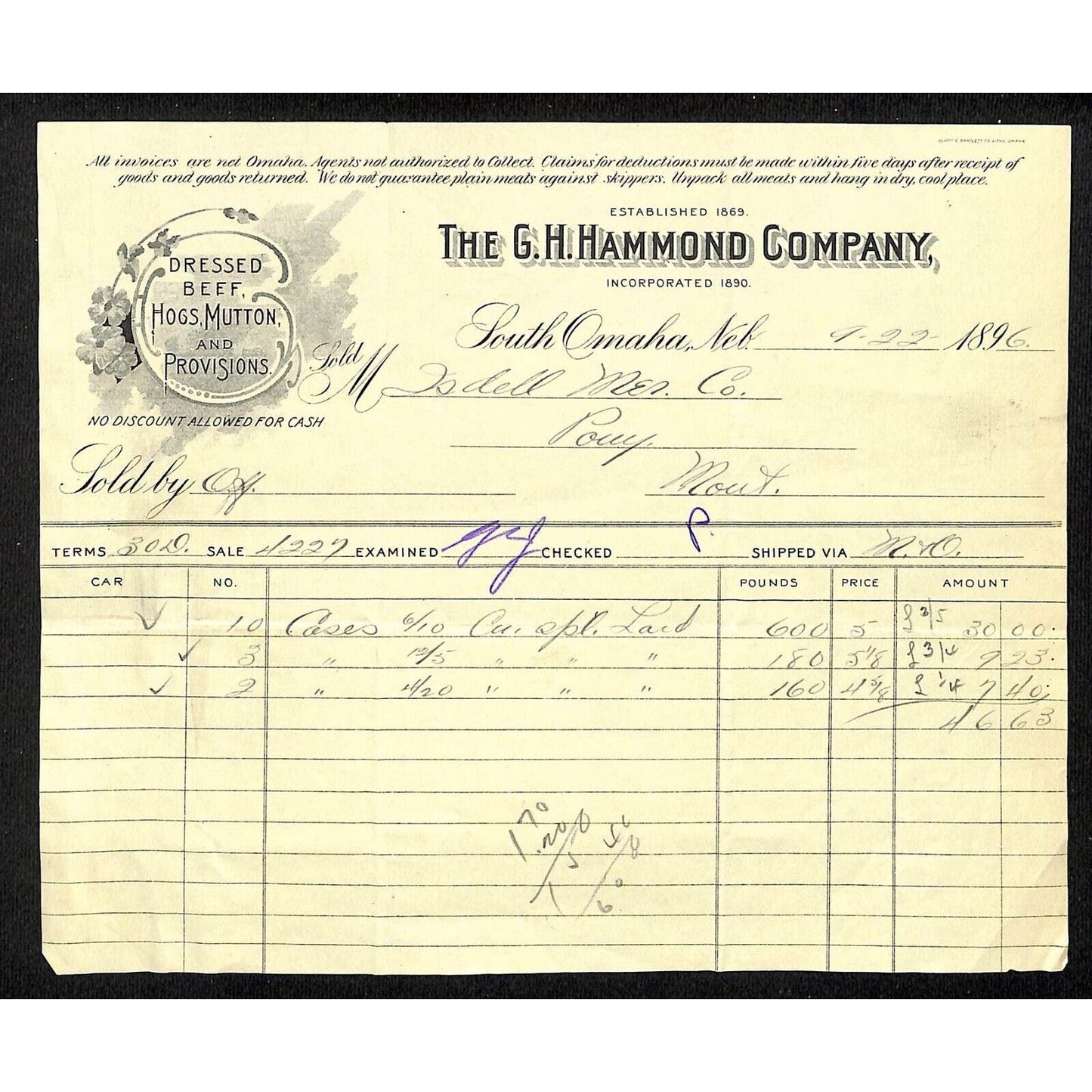 South Omaha, NE G.H. Hammond Co. Dressed Beef Hogs Mutton 1896 Billhead
