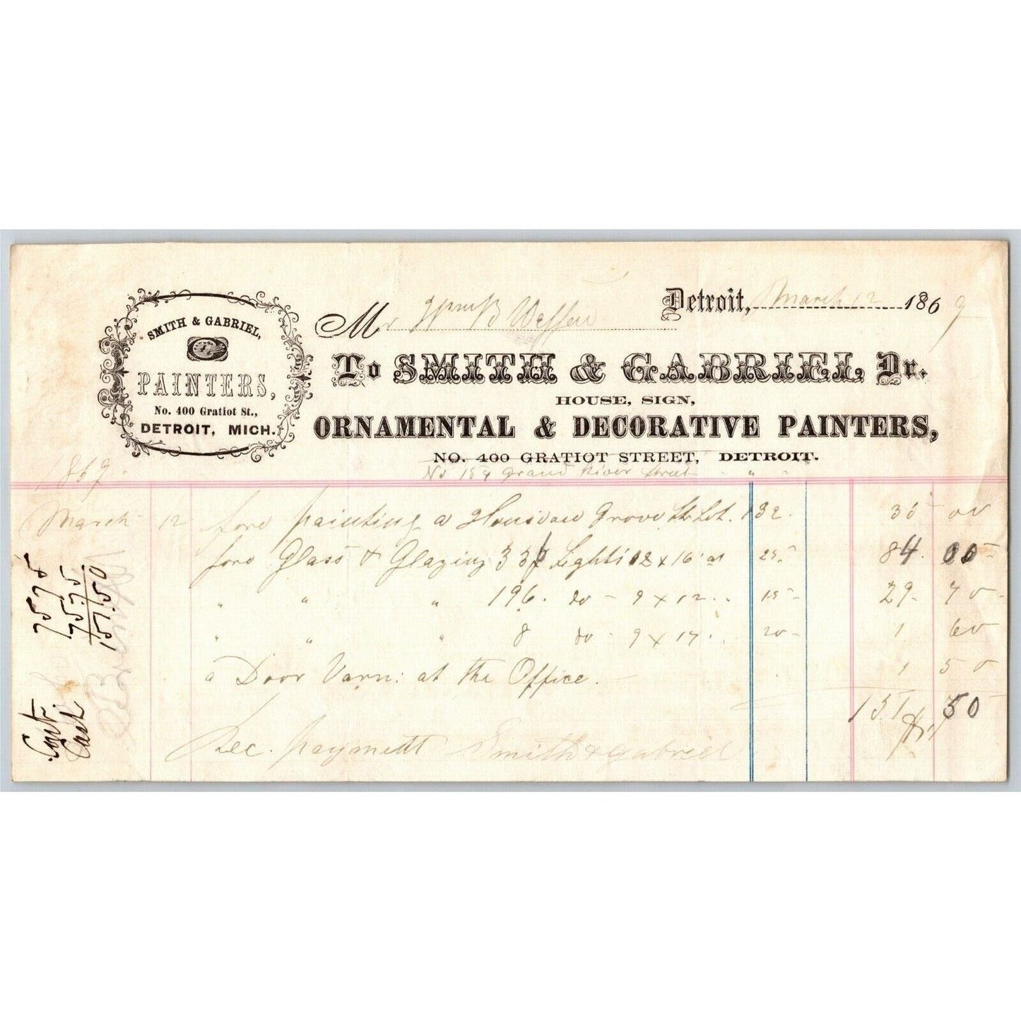 Detroit Letterhead - Smith & Gabriel Ornamental & Decorative Painters - 1869
