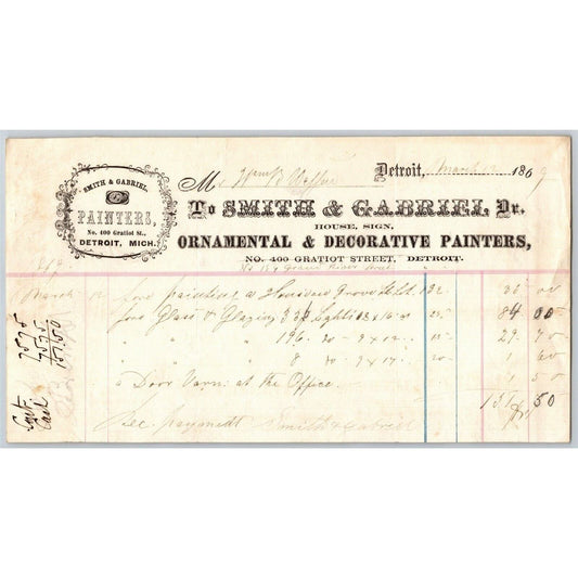 Detroit Letterhead - Smith & Gabriel Ornamental & Decorative Painters - 1869