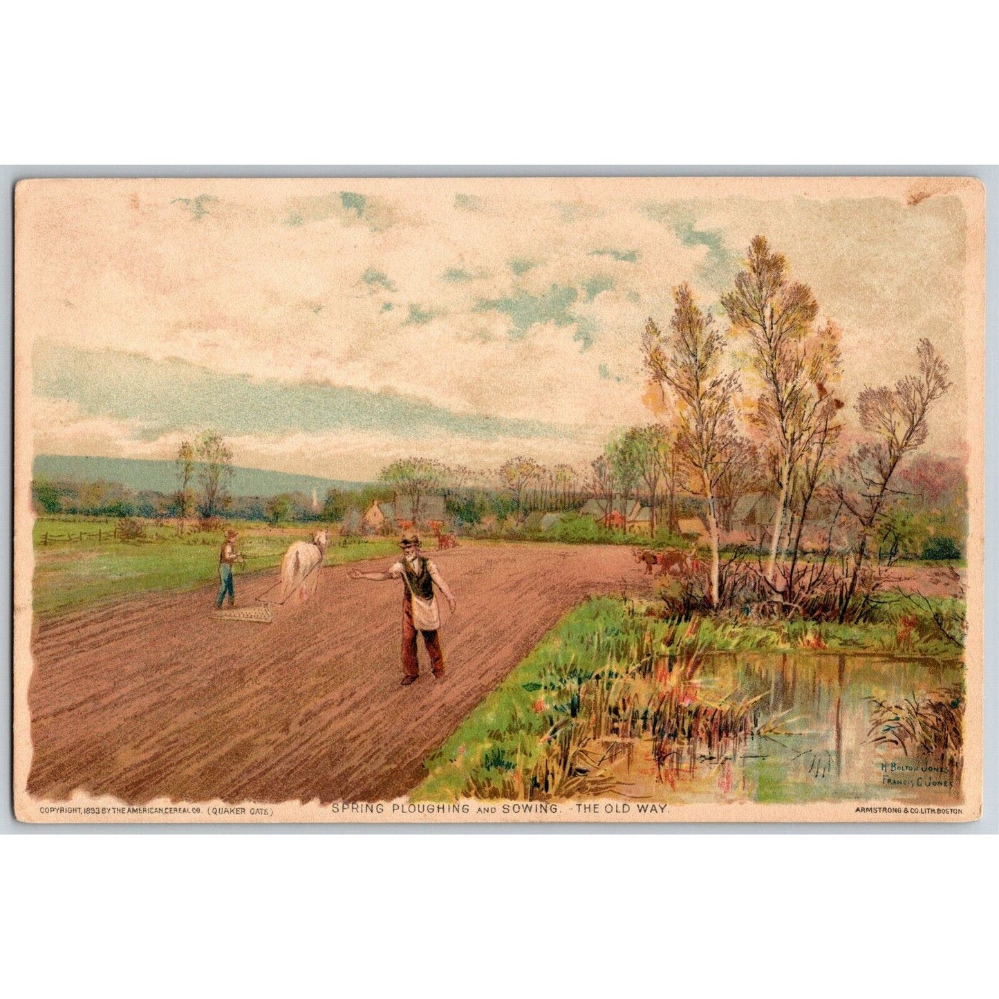 American Cereal Co.'s Quaker Oats Trade Card Likely 1893 Chicago Plowing