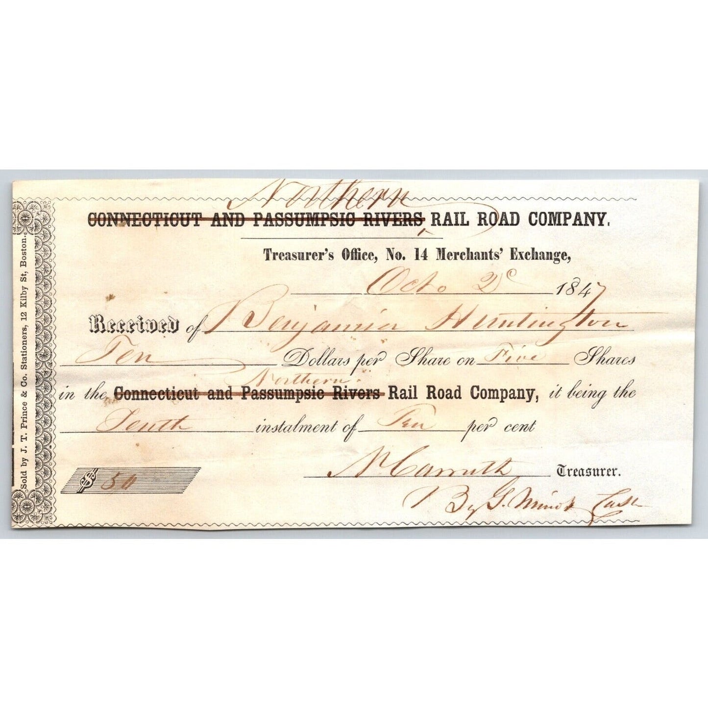 1847 Northern / Connecticut Passumpsic River Railroad - Treasurer Stock Receipt