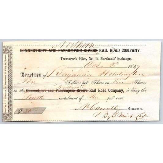 1847 Northern / Connecticut Passumpsic River Railroad - Treasurer Stock Receipt