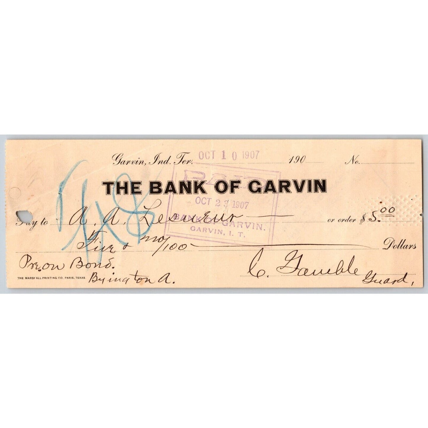 Garvin Oklahoma Indian Territory 1907 $5 Bank Check VGC - Scarce