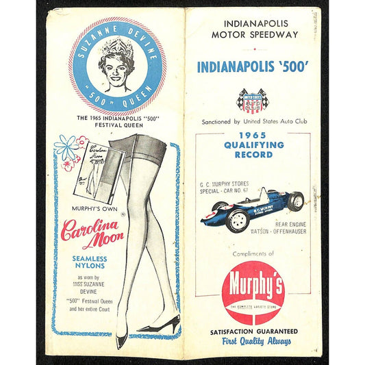 1965 Indy 500 "Qualifying Record" Murphy's Variety Brochure IMS Race Form Scarce