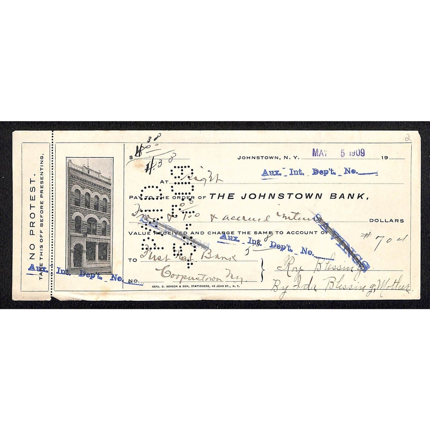 Johnstown, NY Bank Check 1909 "The Johnstown Bank" w/ Building Vignette