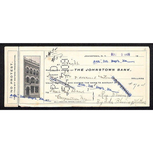 Johnstown, NY Bank Check 1909 "The Johnstown Bank" w/ Building Vignette