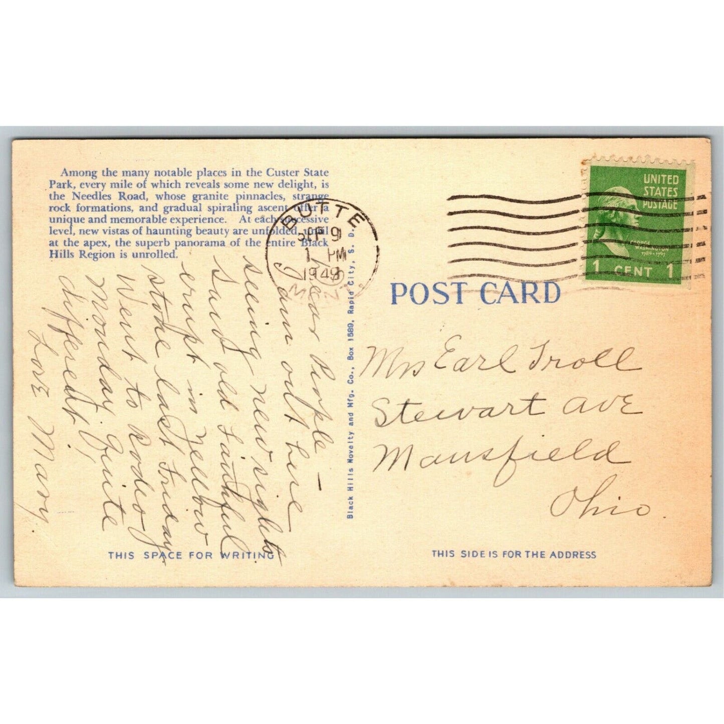 Vintage Linen Postcard Needles Highway Custer State Park Black Hills SD -1949