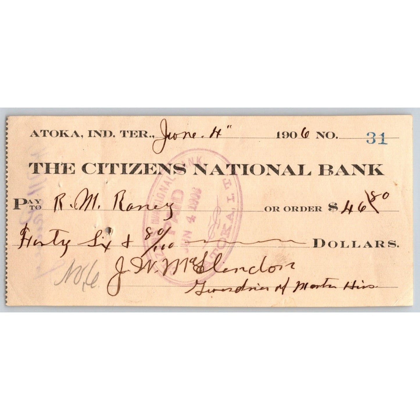 Atoka, OK 1906 Indian Territory "Citizens National Bank" Check $46.80 - Scarce
