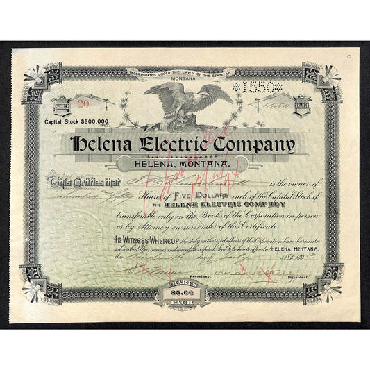 Helena Electric Company Montana 1893 Stock Certificate - 1,550 Shares