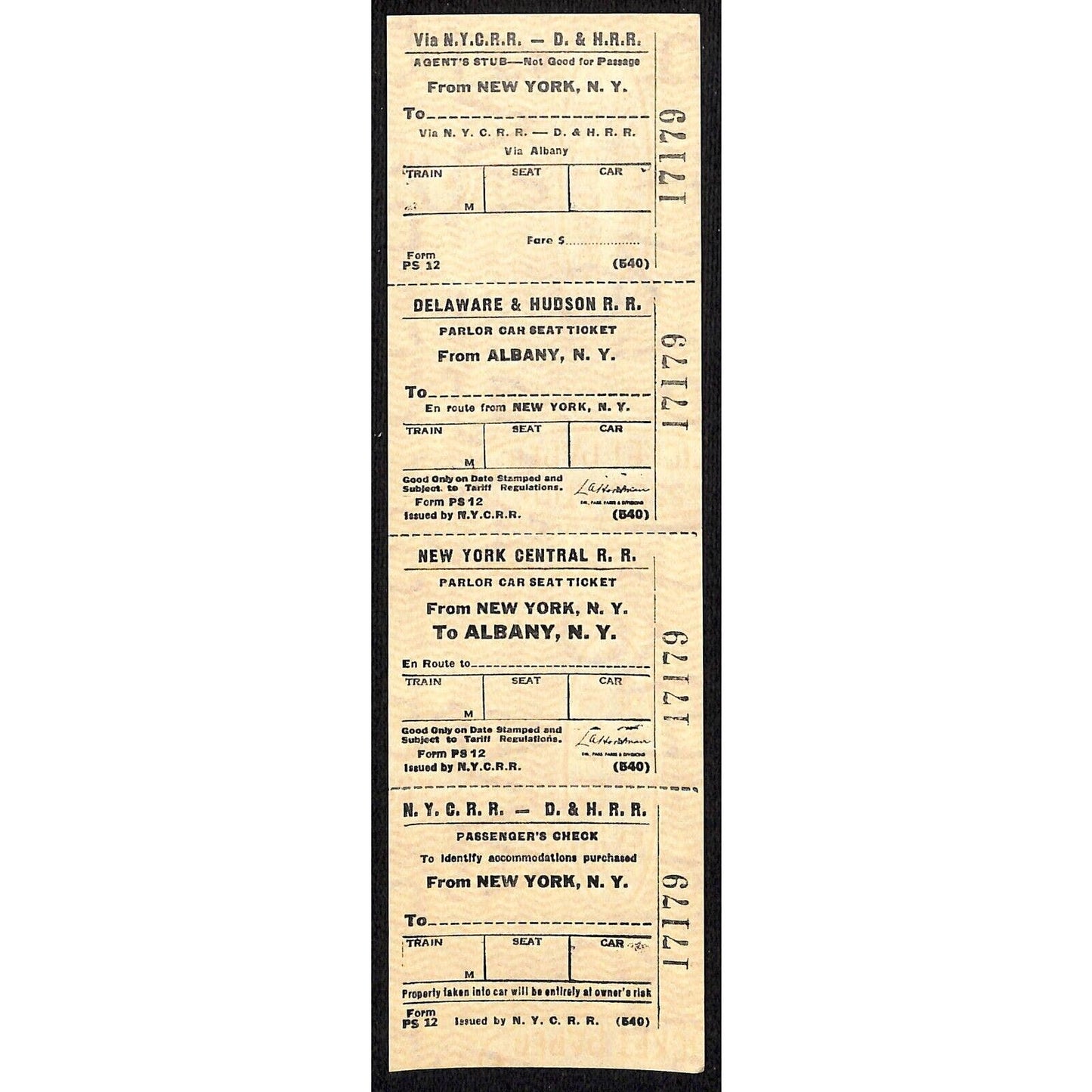 N.Y.C.R.R. - D. & H. R. R. New York / Albany SAMPLE Ticket c1960's Scarce #17179