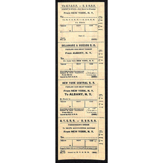 N.Y.C.R.R. - D. & H. R. R. New York / Albany SAMPLE Ticket c1960's Scarce #17179