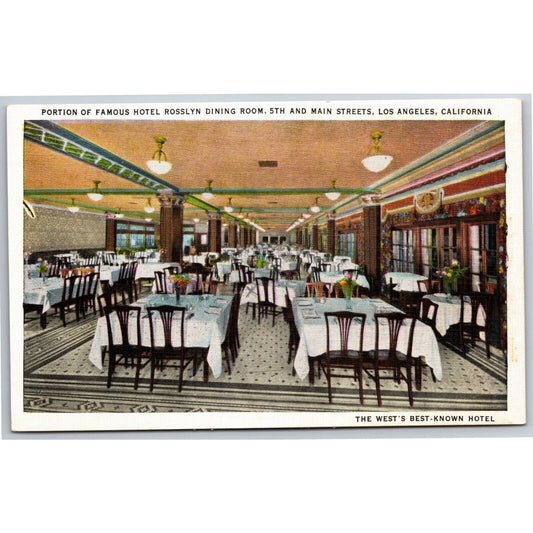 Los Angeles Hotel Rosslyn Dining Room Linen Postcard c1938 VGC
