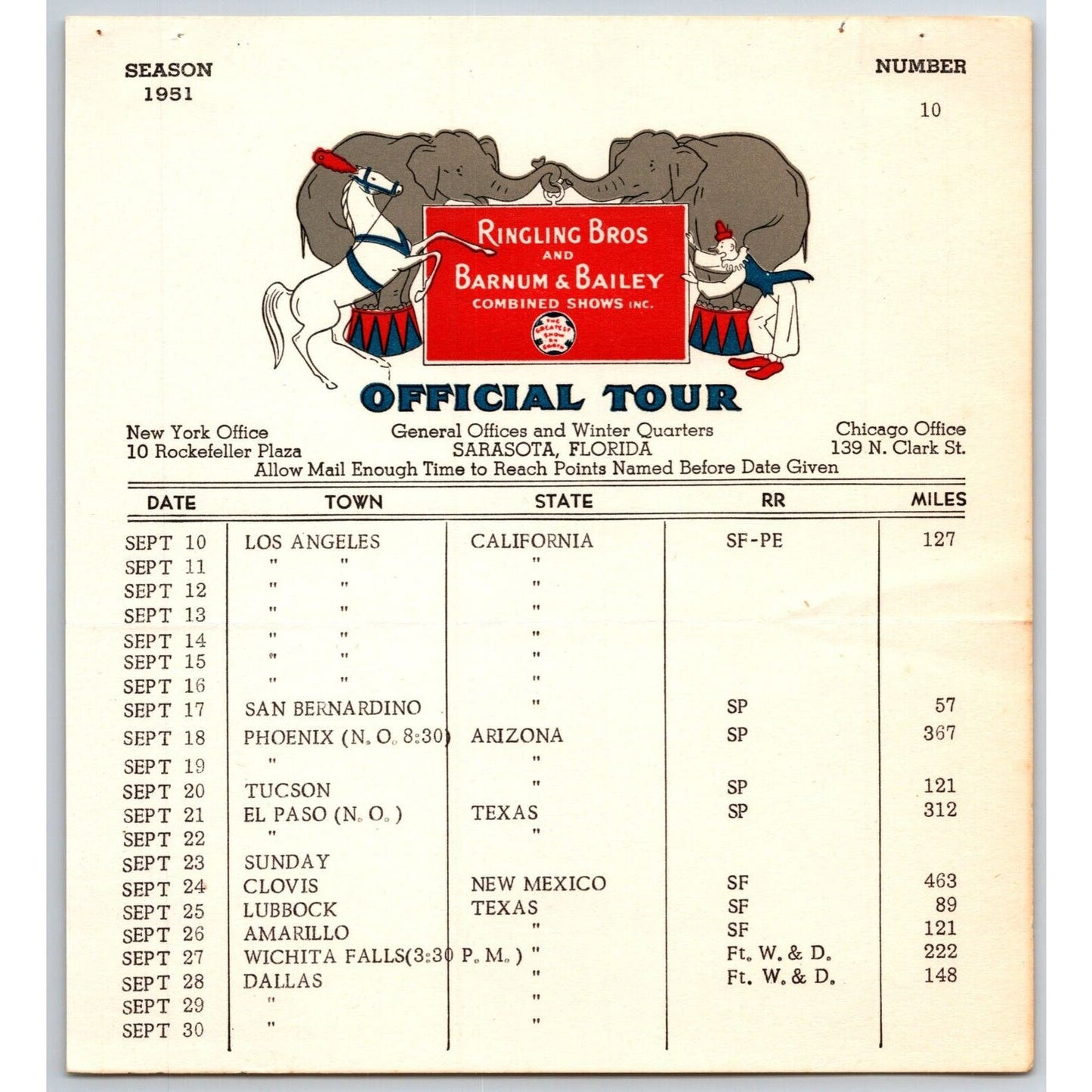 1951 Ringling Bros Barnum Bailey Circus Route Card Dallas Phoenix Los Angeles