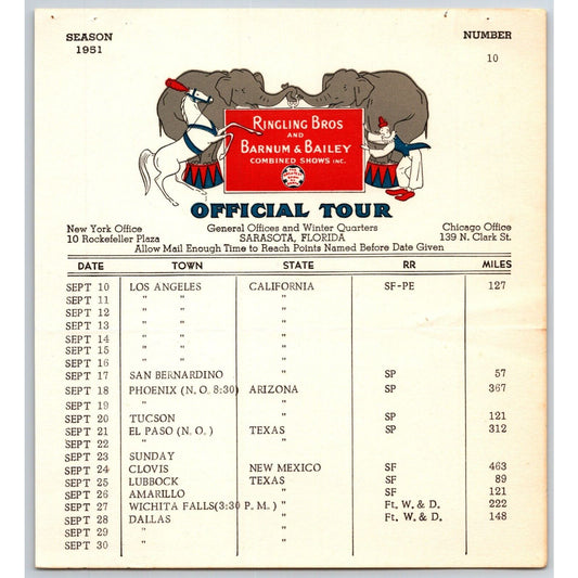 1951 Ringling Bros Barnum Bailey Circus Route Card Dallas Phoenix Los Angeles
