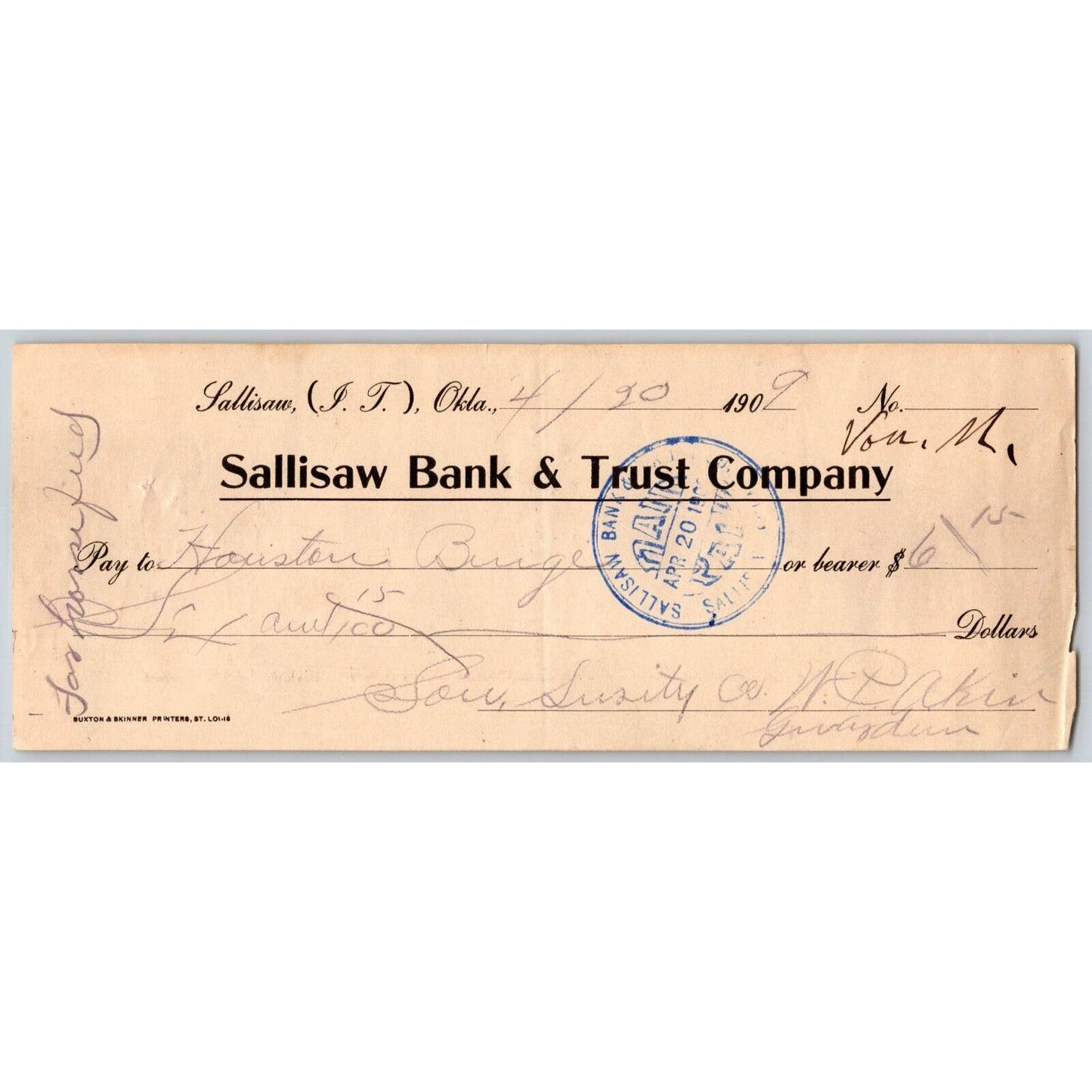 Sallisaw Indian Territory Okla. 1909 $6.15 Bank Check
