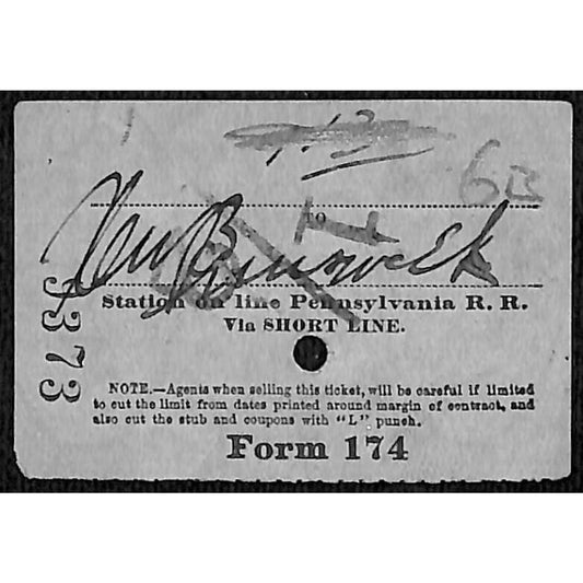New York & Long Branch Railroad 1901 Ticket via PRR New Brunswick / Asbury Park