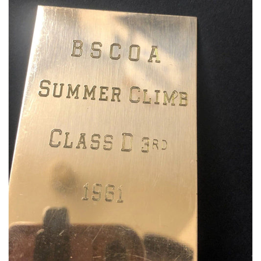 BSCOA Summer Climb Class D 3rd 1961 Brass Auto Racing Wall Plaque