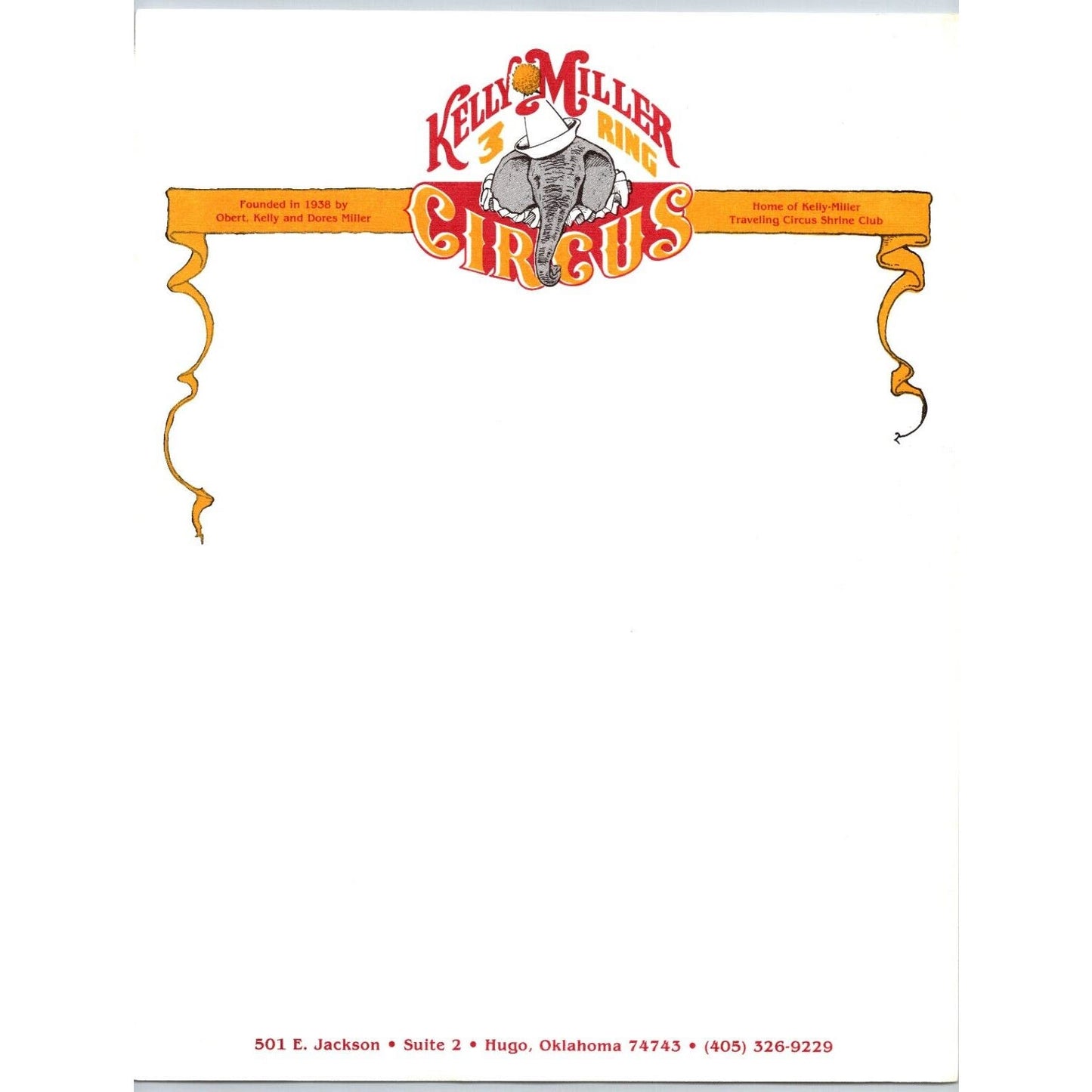 Kelly Miller 3 Ring Circus Letterhead Hugo, OK Unused Stationary c2003