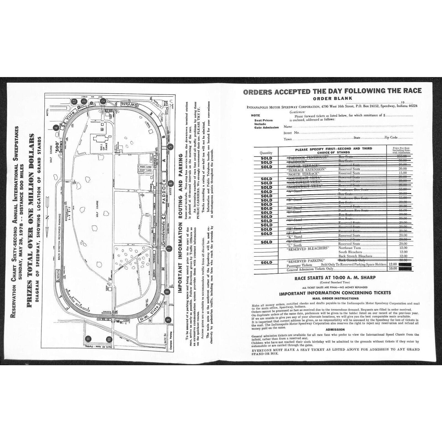 1978 Indy 500 Indianapolis IMS Unused Ticket Info Order Form Sheet w/ Map Scarce