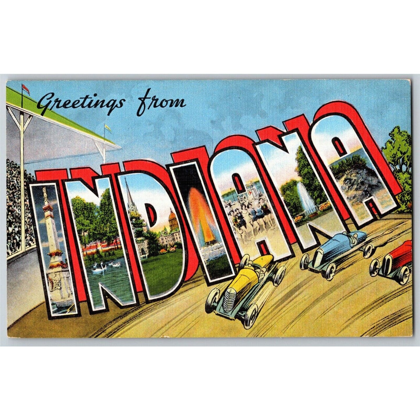 Indy 500 Linen Postcard 1938 "Greetings from Indiana" (EC Kroop) Unposted VGC