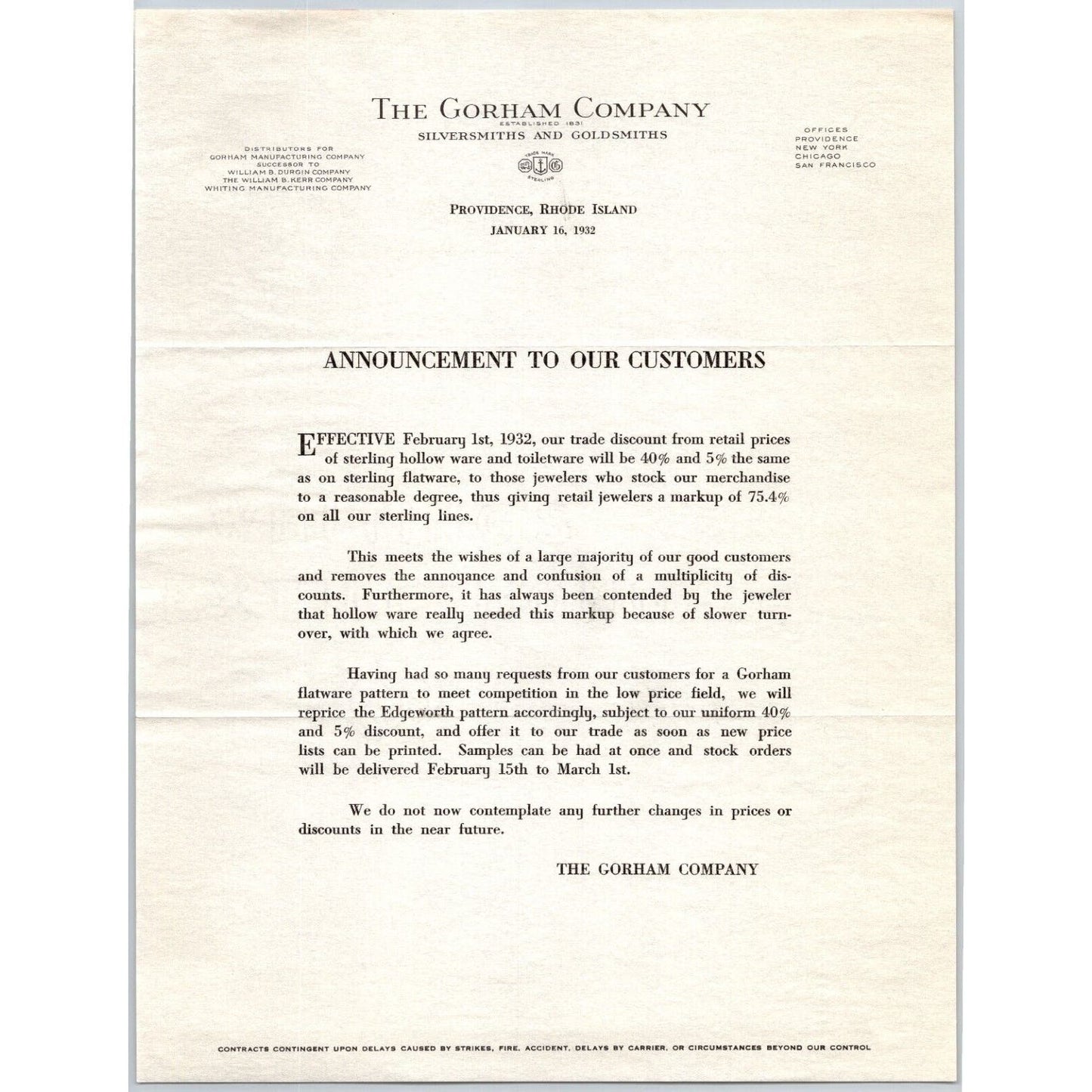 Gorham Company Silver to "Leys" Jewelers Butte, MT 1932 Discount Announcement