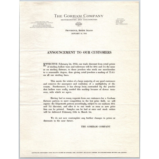 Gorham Company Silver to "Leys" Jewelers Butte, MT 1932 Discount Announcement