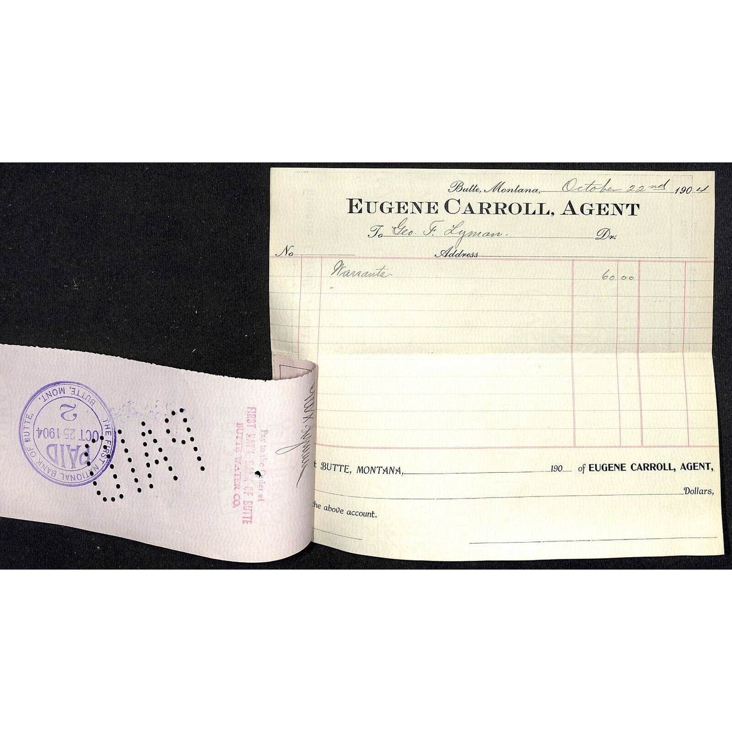 1904 Check Daly Bank & Trust Co. Butte, MT Eugene Carroll to George F. Lyman