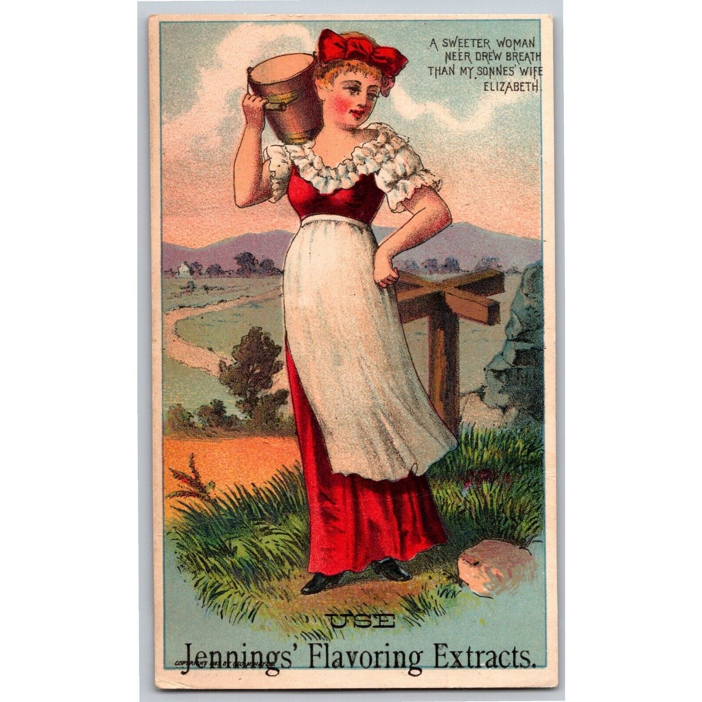 Milkmaid ? w/ Bucket Victorian Trade Card Jennings' Flavoring Extracts Elizabeth