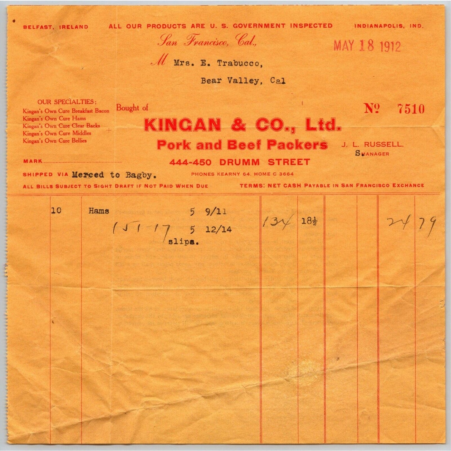 1912 Kingan & Co. Pork Bellies Bacon Hams and Beef Packers San Francisco Invoice