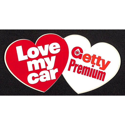 Getty Premium Gas "Love My Car" Auto Sticker c1970 Die Cut Hearts - Scarce