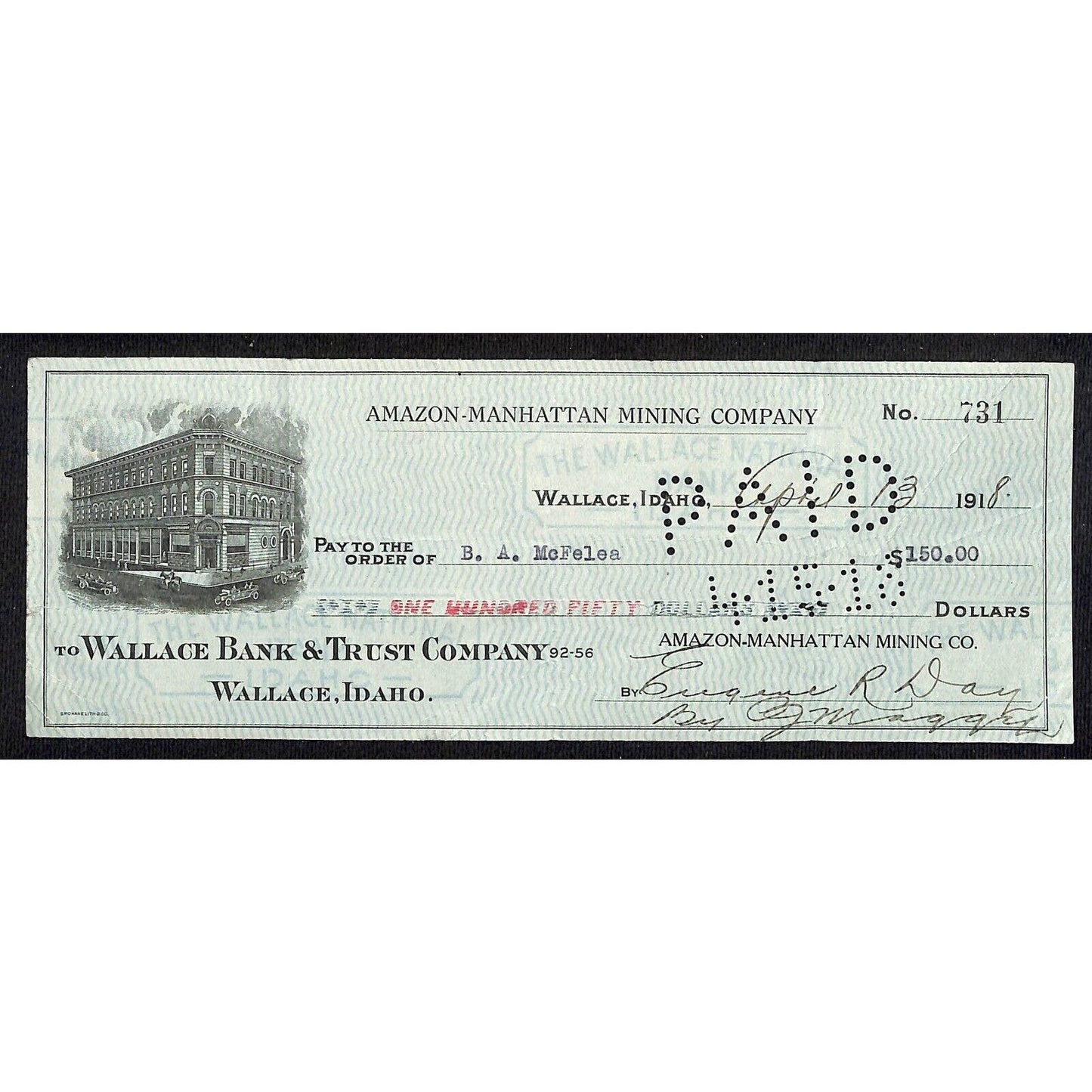 1918 Wallace, Idaho Amazon-Manhattan Mining Co. Bank Check w/ Building Vignette