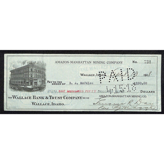 1918 Wallace, Idaho Amazon-Manhattan Mining Co. Bank Check w/ Building Vignette