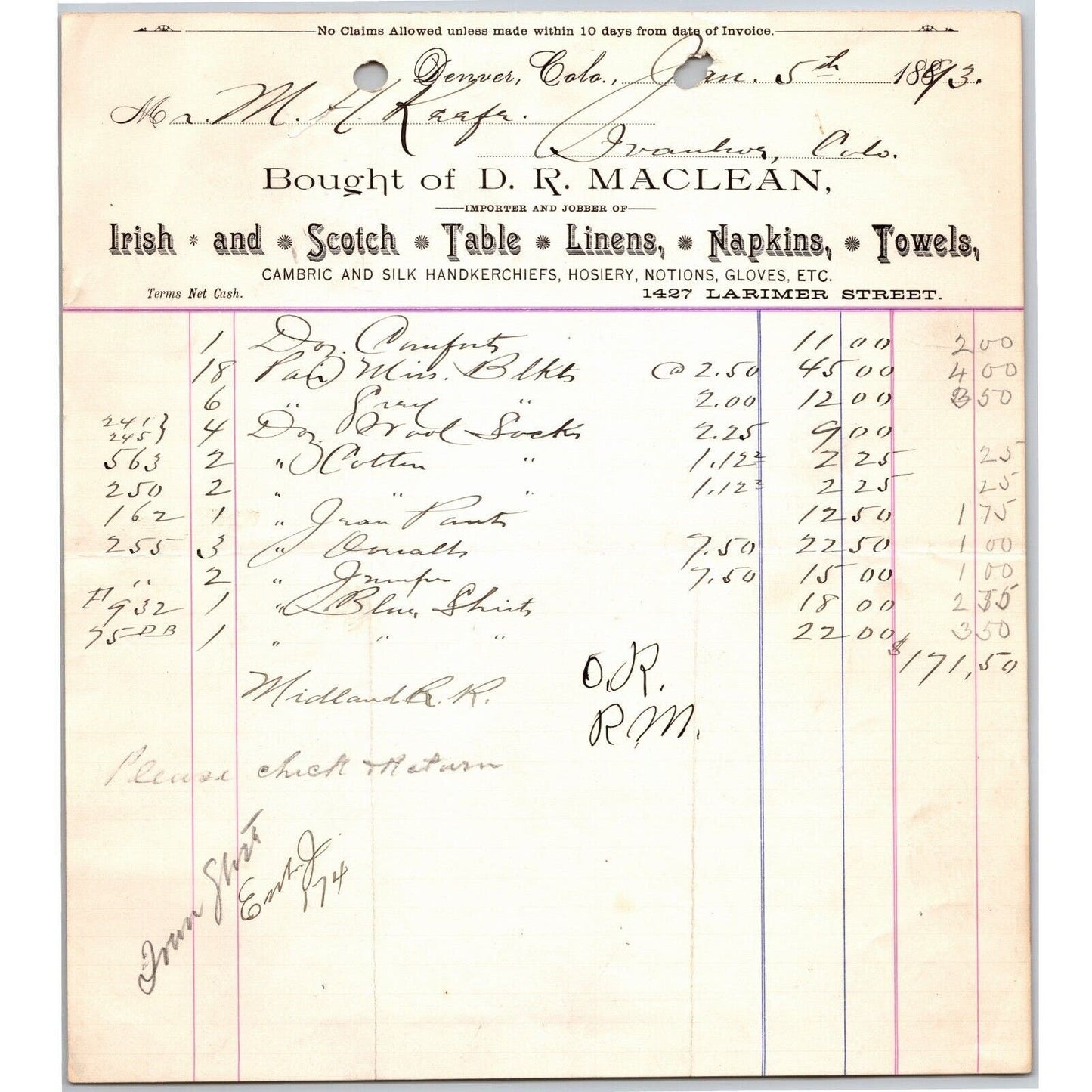 1893 D.R. Maclean Denver, CO Irish and Scotch Linens Letterhead - M.H. Keefe