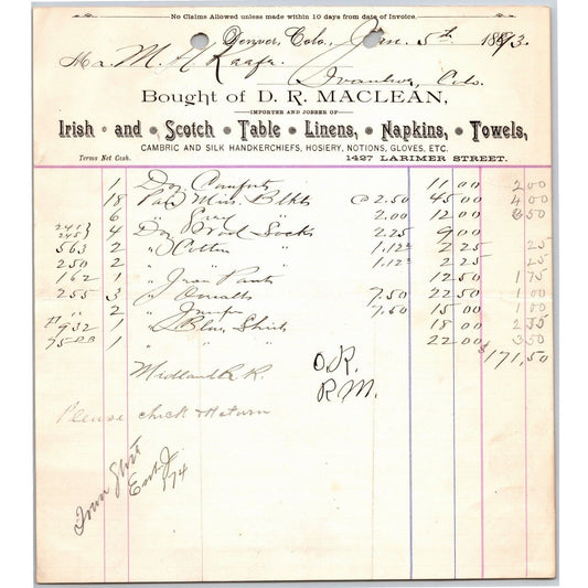 1893 D.R. Maclean Denver, CO Irish and Scotch Linens Letterhead - M.H. Keefe