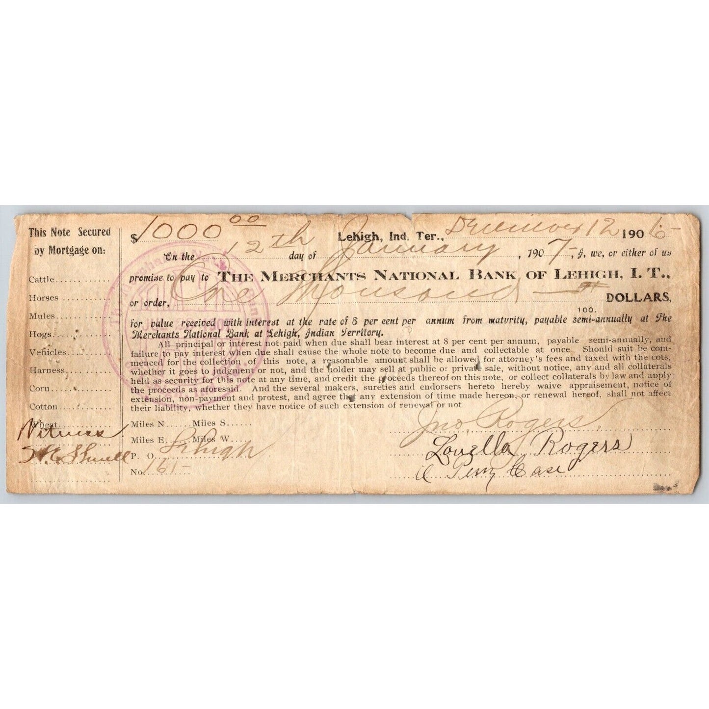 Lehigh, OK Indian Territory 1906 Merchants National Bank $1,100 Promissory Note