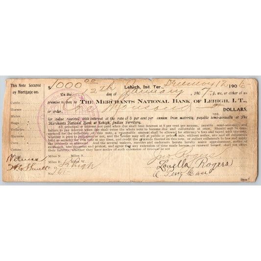 Lehigh, OK Indian Territory 1906 Merchants National Bank $1,100 Promissory Note