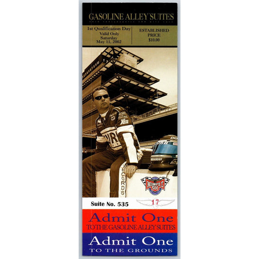 2002 Indy 500 1st Qualification Day Unused Gasoline Alley Suites Ticket IMS #17