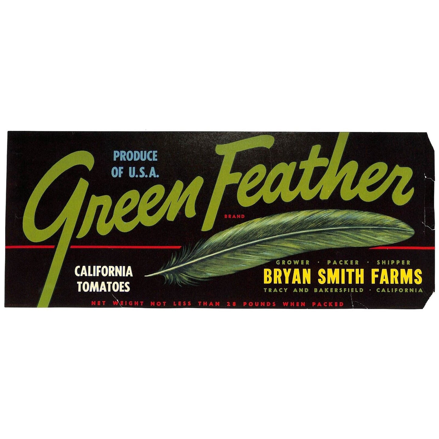 c1940's Paper Vegetable Crate Label Green Feather Bryan Smith Farms Bakersfield