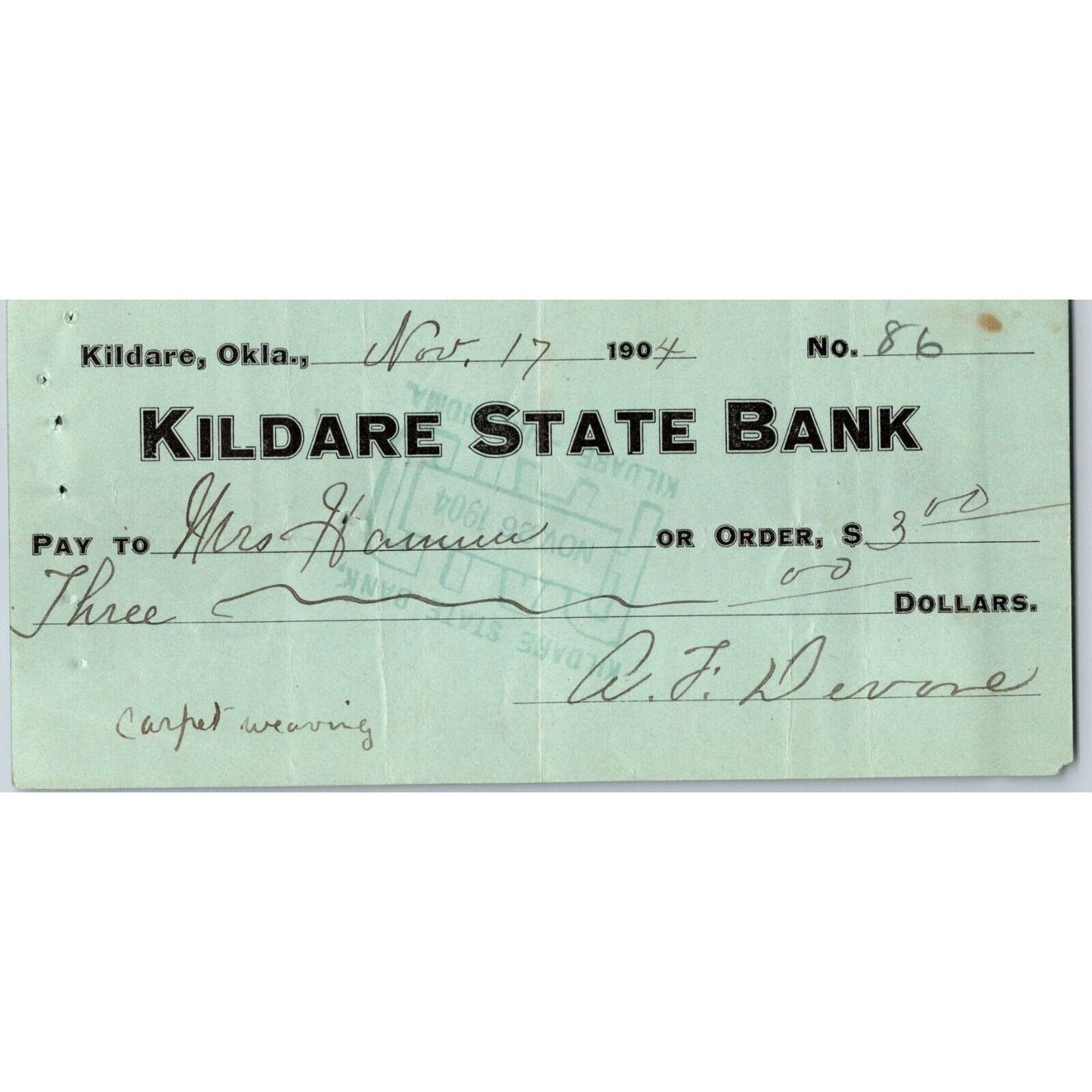 Kildare, Oklahoma Territorial 1904 "Kildare State Bank" Check - Scarce