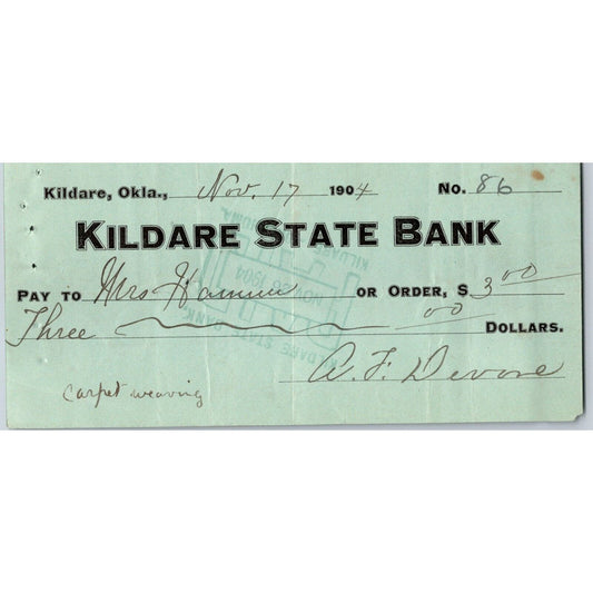 Kildare, Oklahoma Territorial 1904 "Kildare State Bank" Check - Scarce