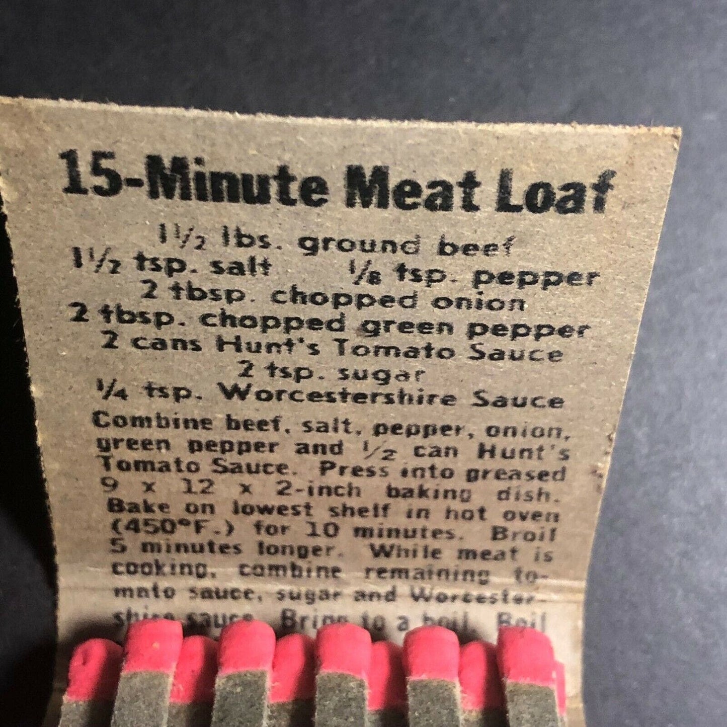 1960's Full Matchbook - Hunt's Tomato Sauce w/ 15 min. Meat Loaf Recipe