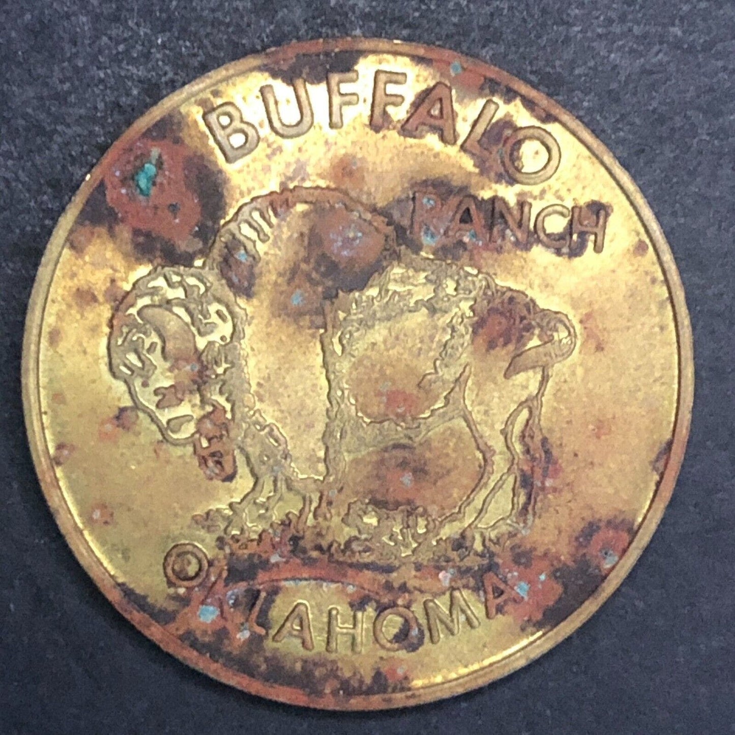 Buffalo Ranch Oklahoma Good Luck Souvenir Trade Token Brass 28mm