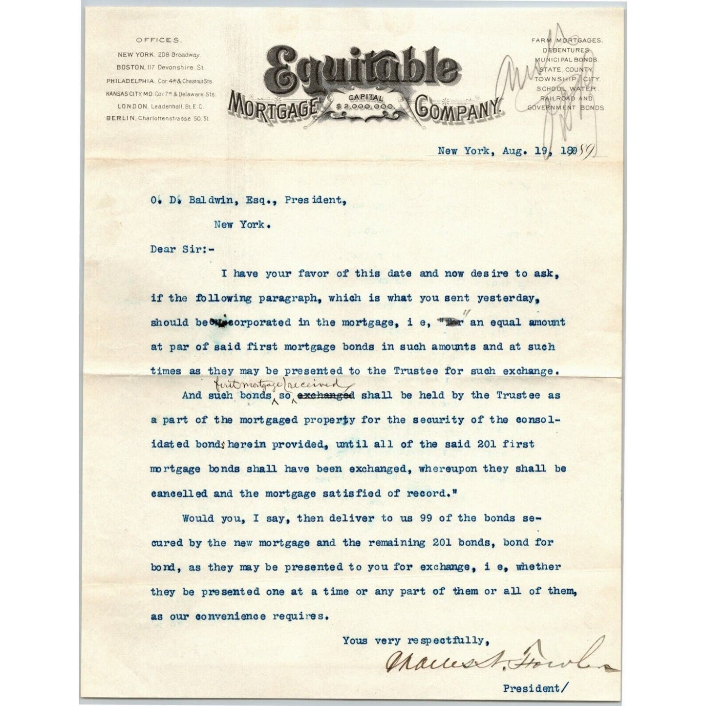 1889 Equitable Mortgage Company Letterhead 208 Broadway, NY re: Bond Exchange