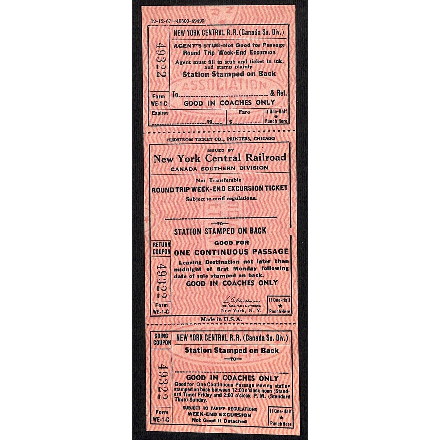 New York Central Railroad RR Canada Unused SAMPLE Excursion Ticket c1967 #49322