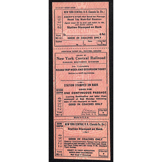 New York Central Railroad RR Canada Unused SAMPLE Excursion Ticket c1967 #49322