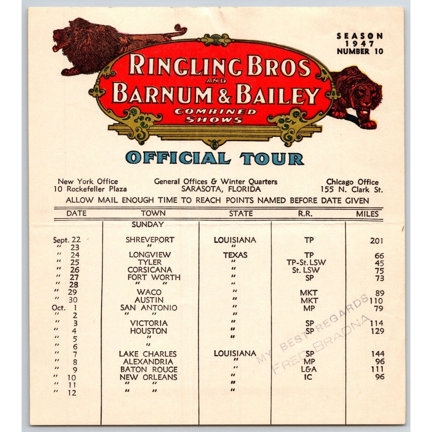 1947 Ringling Bros Barnum Bailey Circus Route Card Fort Worth San Antonio Waco