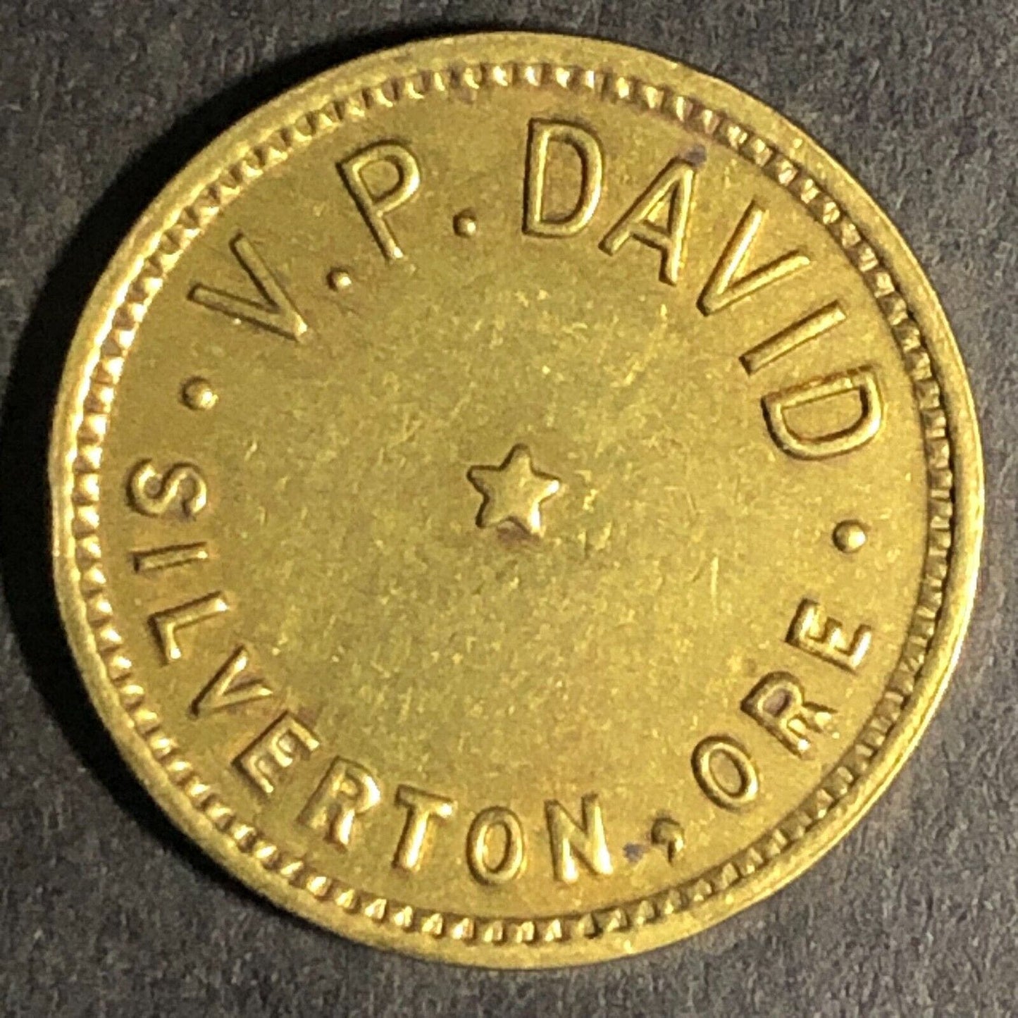 V.P. David - Silverton, ORE - Brass "For Amusement Only" Trade Token 20mm