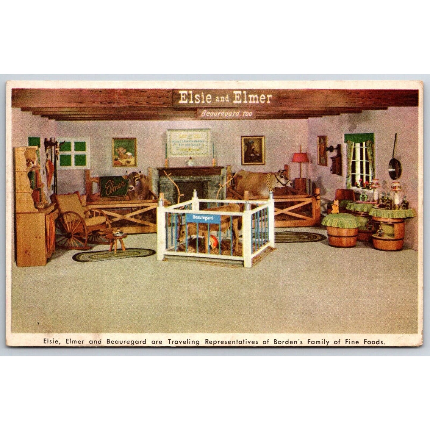 Borden's Elsie, Elmer and Beauregard Living Room Advertising Postcard VGC