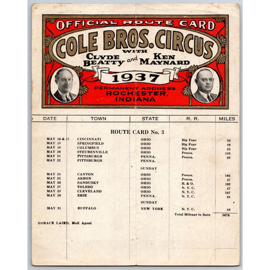 1937 Cole Bros with Clyde Beatty Ken Maynard Circus Route Card OH PA NY